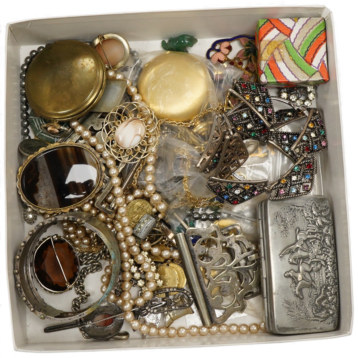 A group of assorted mainly costume jewellery, including bangles, ring, necklaces etc. together with a Cornish Pewter snuff box.